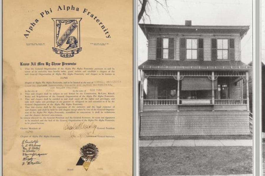 split image: on the left, a yellowed, typed letter; on the right, a black and white photo of a house