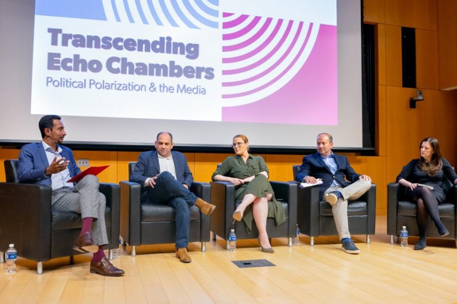 Dean Ray Jayawardhana (left) moderates “Transcending Echo Chambers: Political Polarization and the Media” with panelists Andrew Morse ’96, S. E. Cupp ’00, Matthew Hiltzik ’94; and Alexandra Cirone, assistant professor of government.