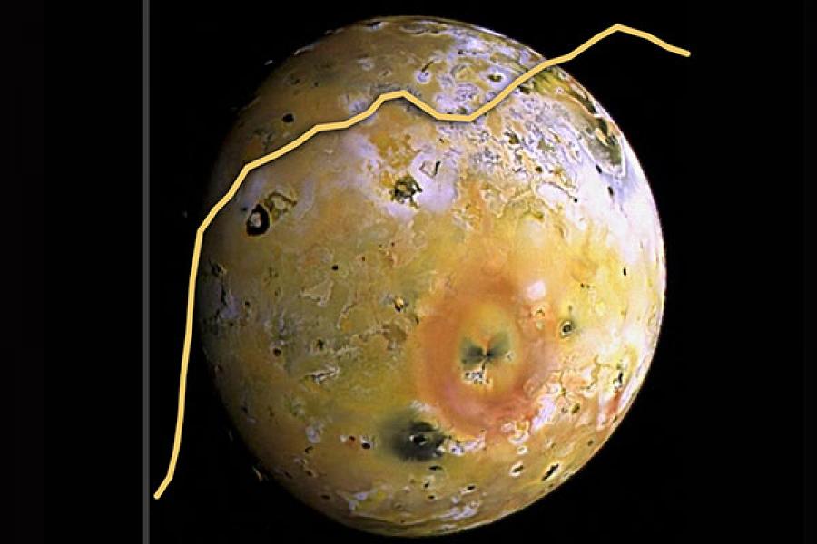 Io, a moon of Jupiter, with the albedo plotted over it