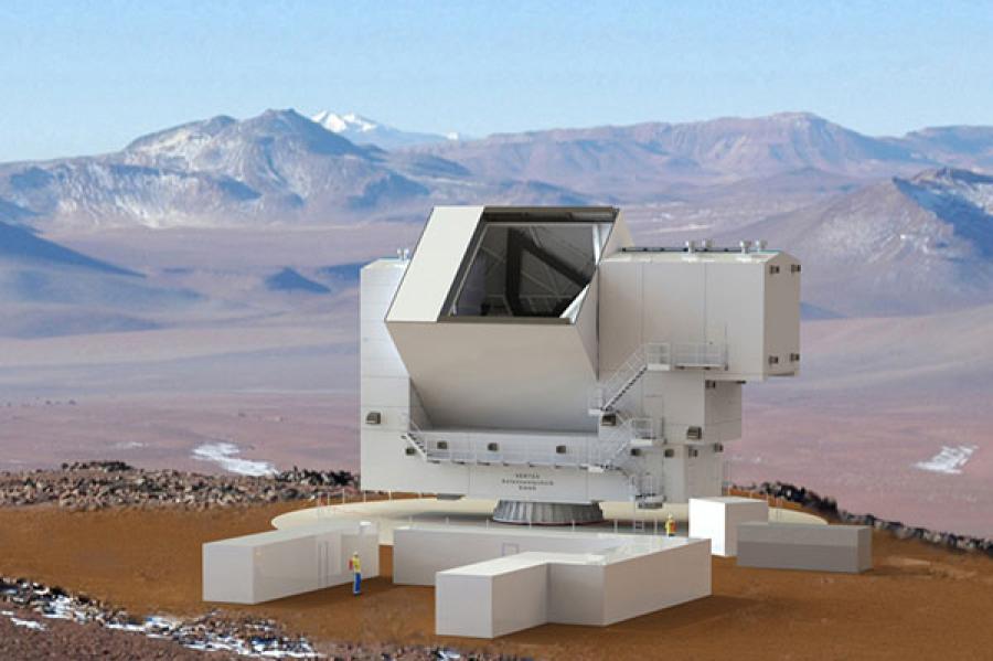 A drawing of the telescope at the mountain site, with a person next to it to show how large it is.