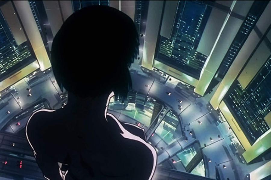 An animated scene showing a girl looking down a building from &quot;Ghost in the Shell&quot; movie