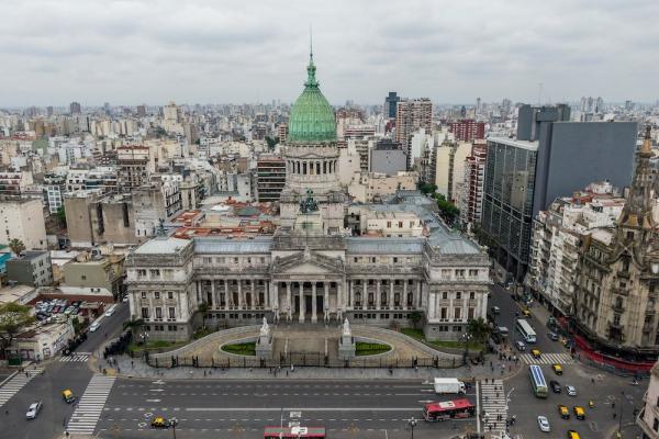 Congress building with wide porteco and green dome: Argentina