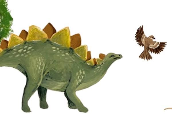 Illustration of a tree, a dinosaur and a bird