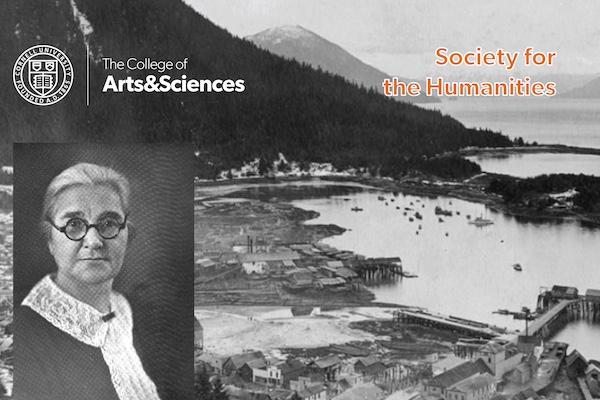 Black and white historical photo of a person wearing spectacles set over a black and white mountain landscape