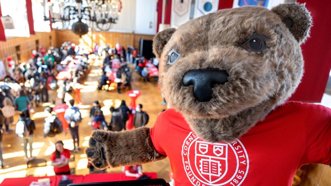Bear mascot in foreground; crowded room below