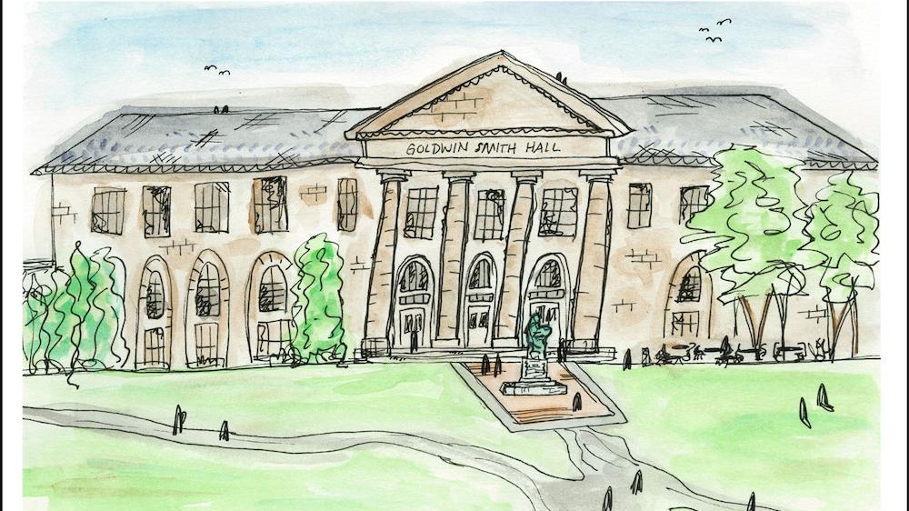 Colorful drawing of a stone academic building with pillars