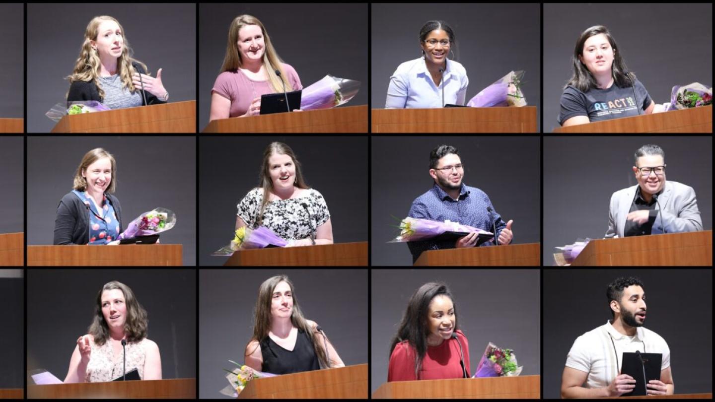 A grid of images of several people accepting awards at a podium