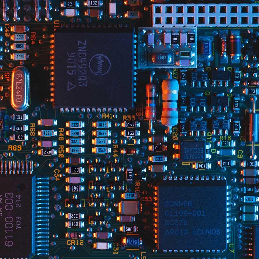 computer circuit components in blues and reds