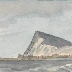 Watercolor painting of a coastline with a sail boat