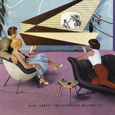 Retro illustration: people in stylish living room