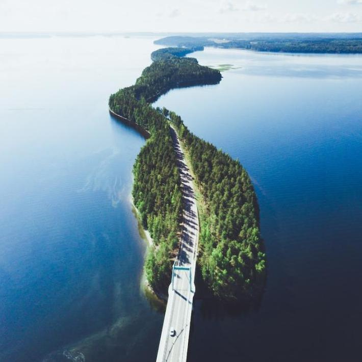 A road running through a string of islands, seen from above