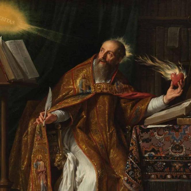 Oil painting of a person in robes at a desk, holding a flaming heart