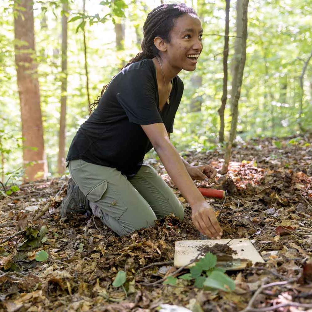 student digging in the woods