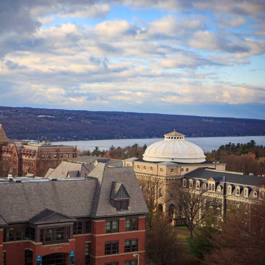 		College campus overlooking a lake under a cloudy sky
	
