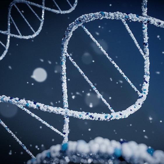 		Double helix strands made out of tiny blue beads against a dark blue background
	