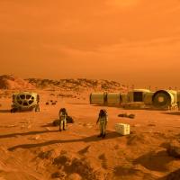 Illustration: red sky and land, people in space suits, modular buildings
