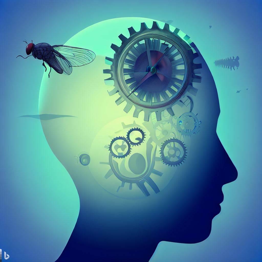 An artist's drawing of a head with a clock and cogs inside, with a fly buzzing past.