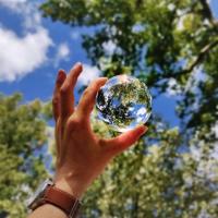 A hand holds up a clear glass ball, which reflects foliage, sky and sunlight