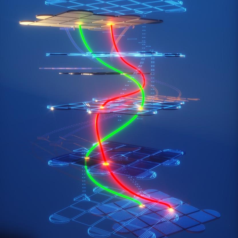 Illustration: stack of blue grids shot through with green and red glowing lines