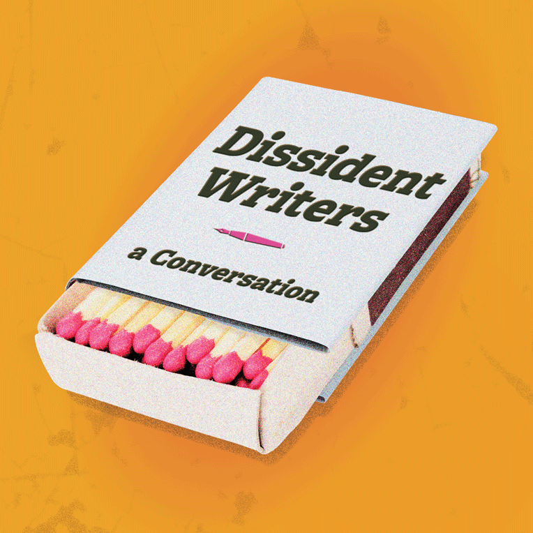 		A book cover with the title "Dissident Writers — A Conversation" that is actually a cover for a box of matches.
	