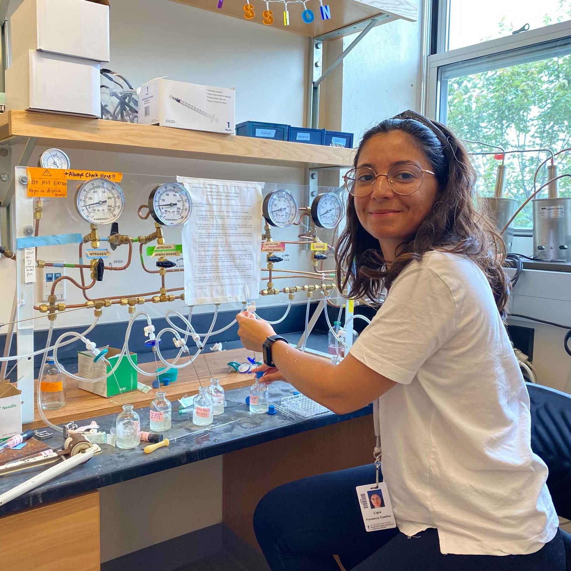 		Ligia Coelho, with wire glasses and t-shirt, smiling at the camera next to her lab bench with dials and beakers and wires connecting them
	