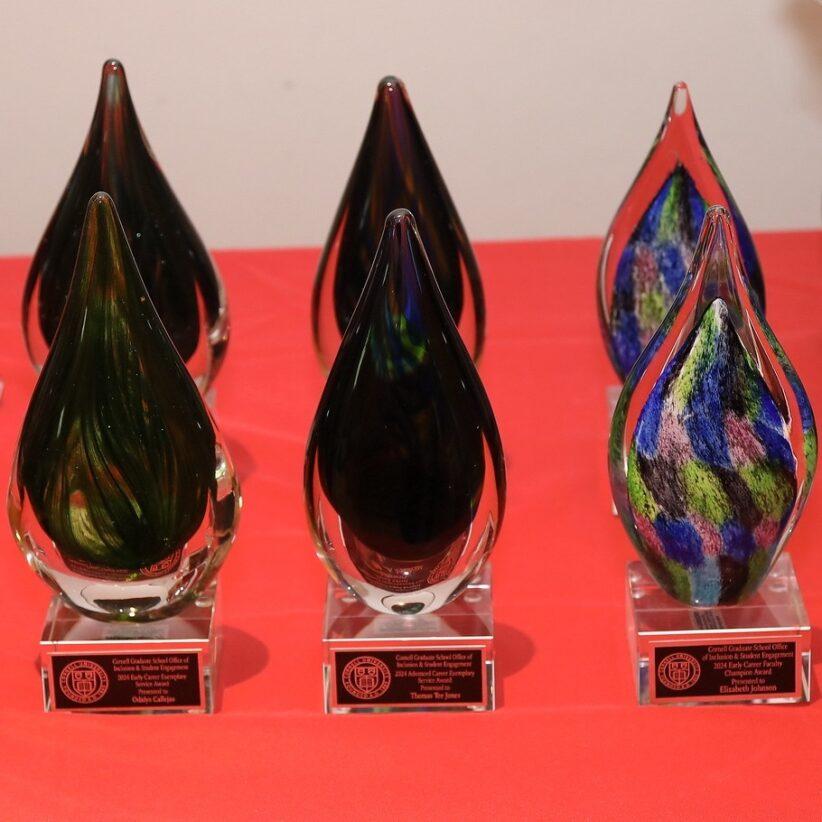 		Six awards made of colored glass
	