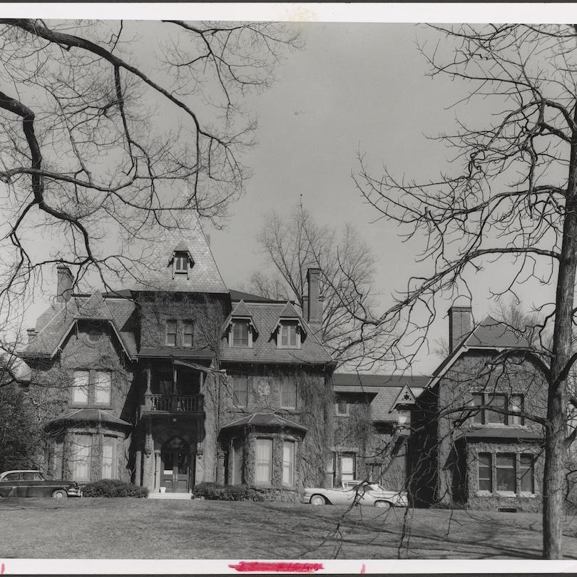 		A black and white image of a Gothic mansion, Cornell's A. D. White House
	