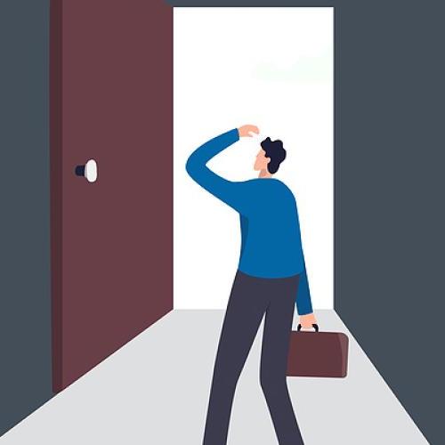 		Illustration of a person approaching a door while carrying a briefcase, a little dazed
	