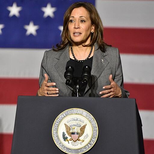 		Kamala Harris at a podium with the seal of the vice president on it and an American flag in the background
	