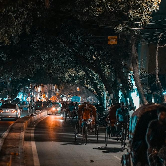 		Stree curving under trees at night with cars and bicyle carts
	