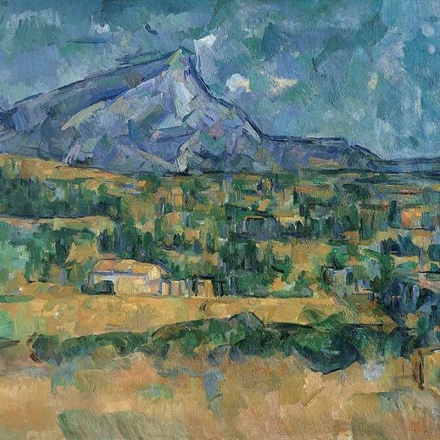 		Painting of a mountain in blues, golds and greens
	