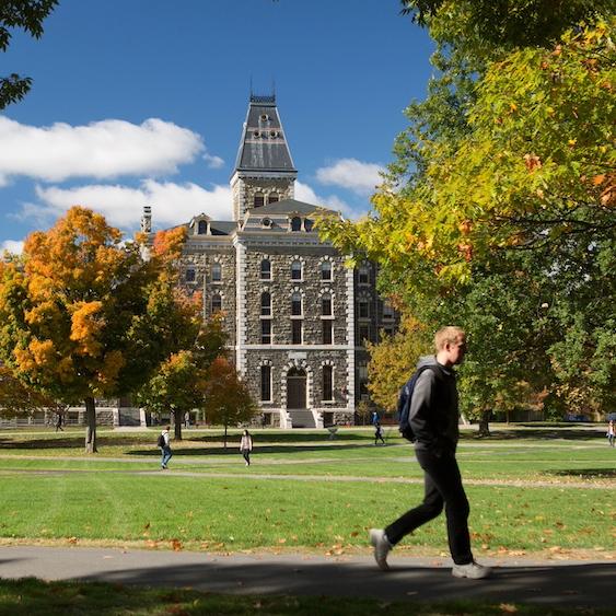 Stone building on a college campus, seen from across a green lawn