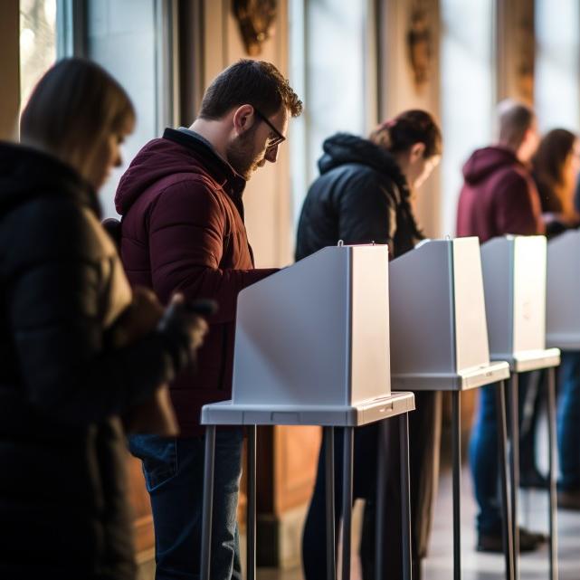 		A long row of people using small white voting booths
	