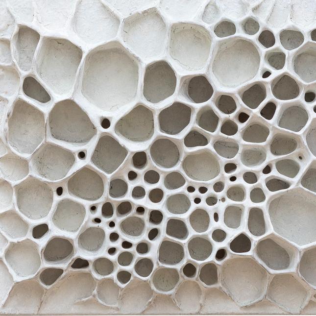 		Three dimensional art piece; a honeycomb like construction of white clay
	