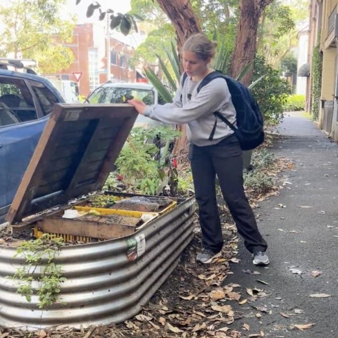 		Person lifting the lid of a public compost container
	