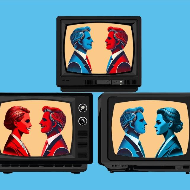 		Illustration of three television sets, each with a pair of people showing on the screen
	