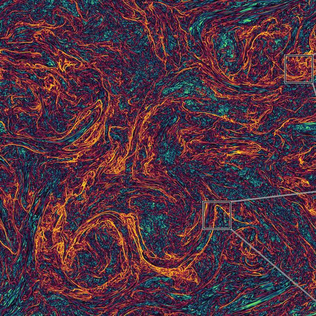 Three squares showing swirled colors: scientific images