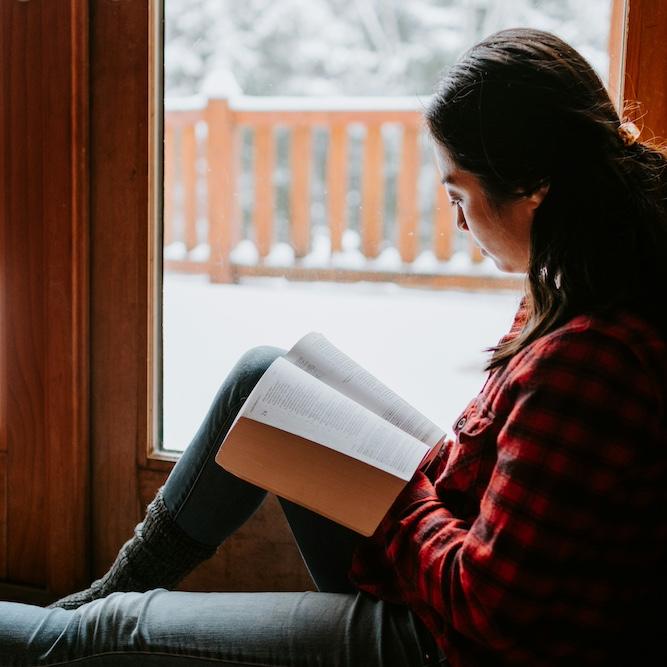 		Person sitting near a window, reading a book. There is snow outside
	