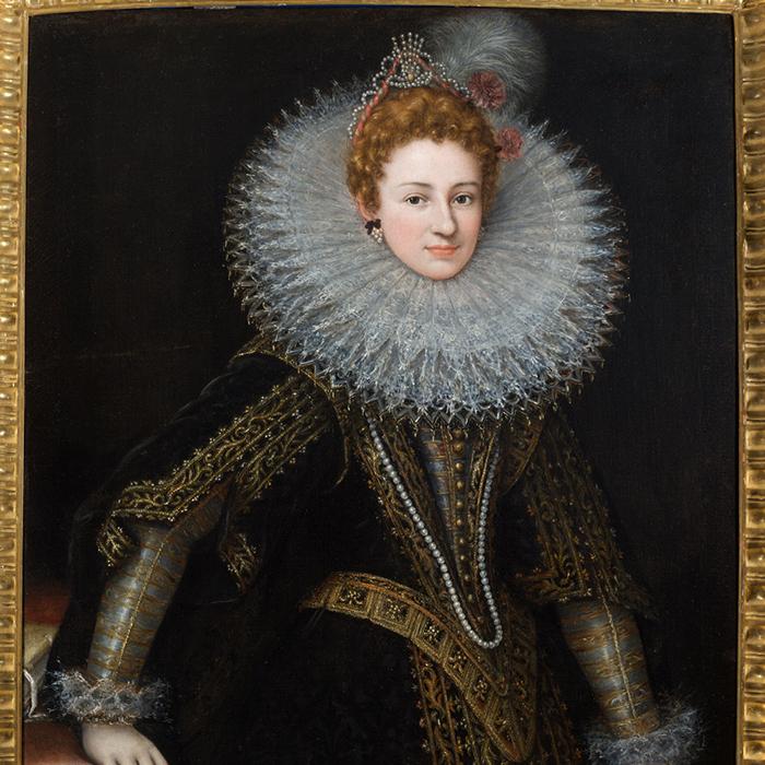 A painted portrait, from the 17th century, of a confident looking woman wearing an elaborate ruff and dark colored gown