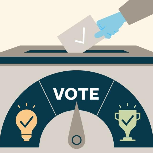 		Illustation showing a box labeled "vote" decorated with a light bulb and a trophy. A hand is placing a square into a slot in the box
	