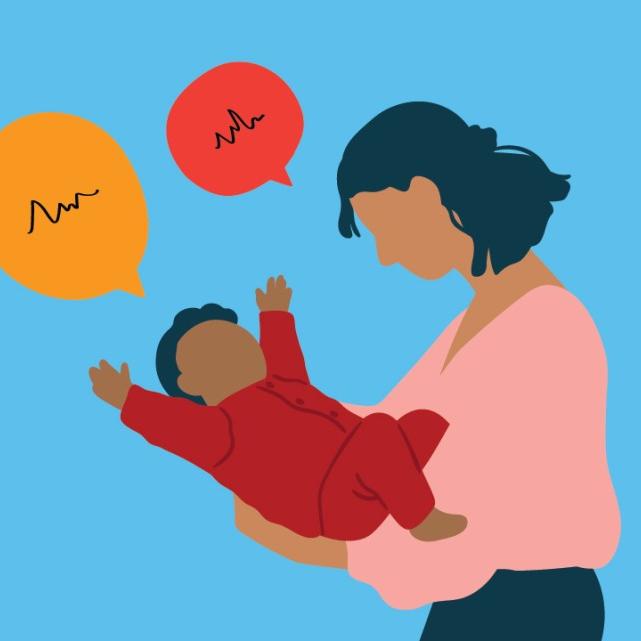 Illustration of an adult holding a baby, both with speech balloons