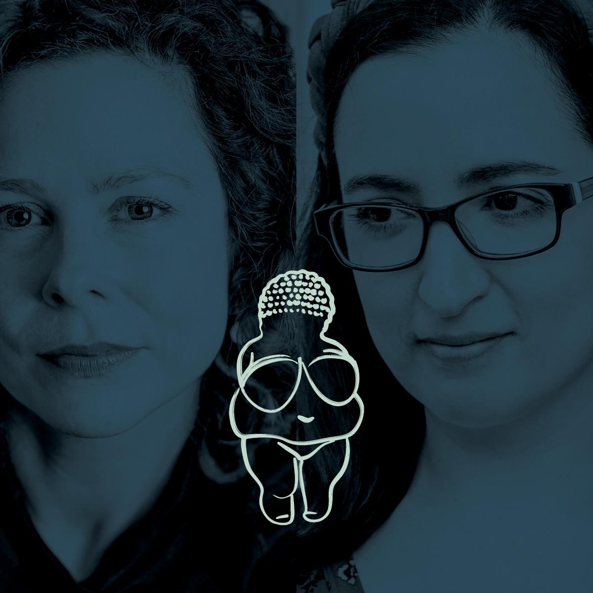 two women with graphic of a female body