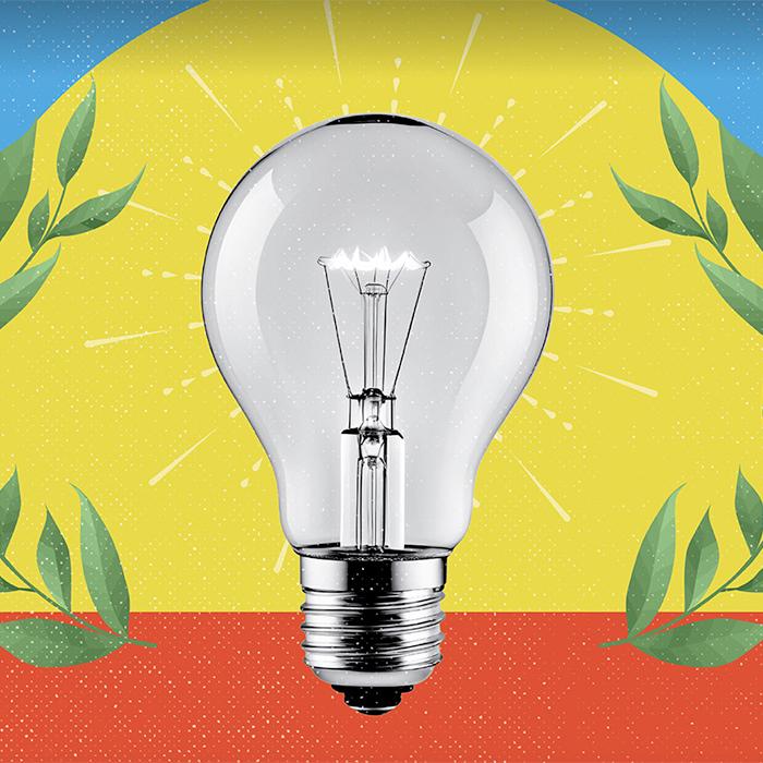 Illustration of a light bulb against a yellow, blue and red background