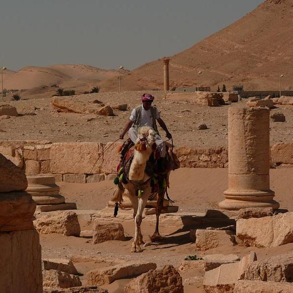 		A man on a camel with a red turban standing amidst ruins, with a broken column next to him and desert mountain sin the background.
	