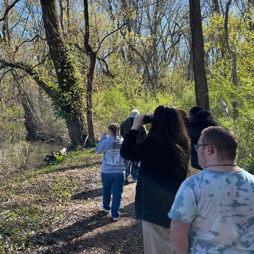 		Several people on a path in the woods
	