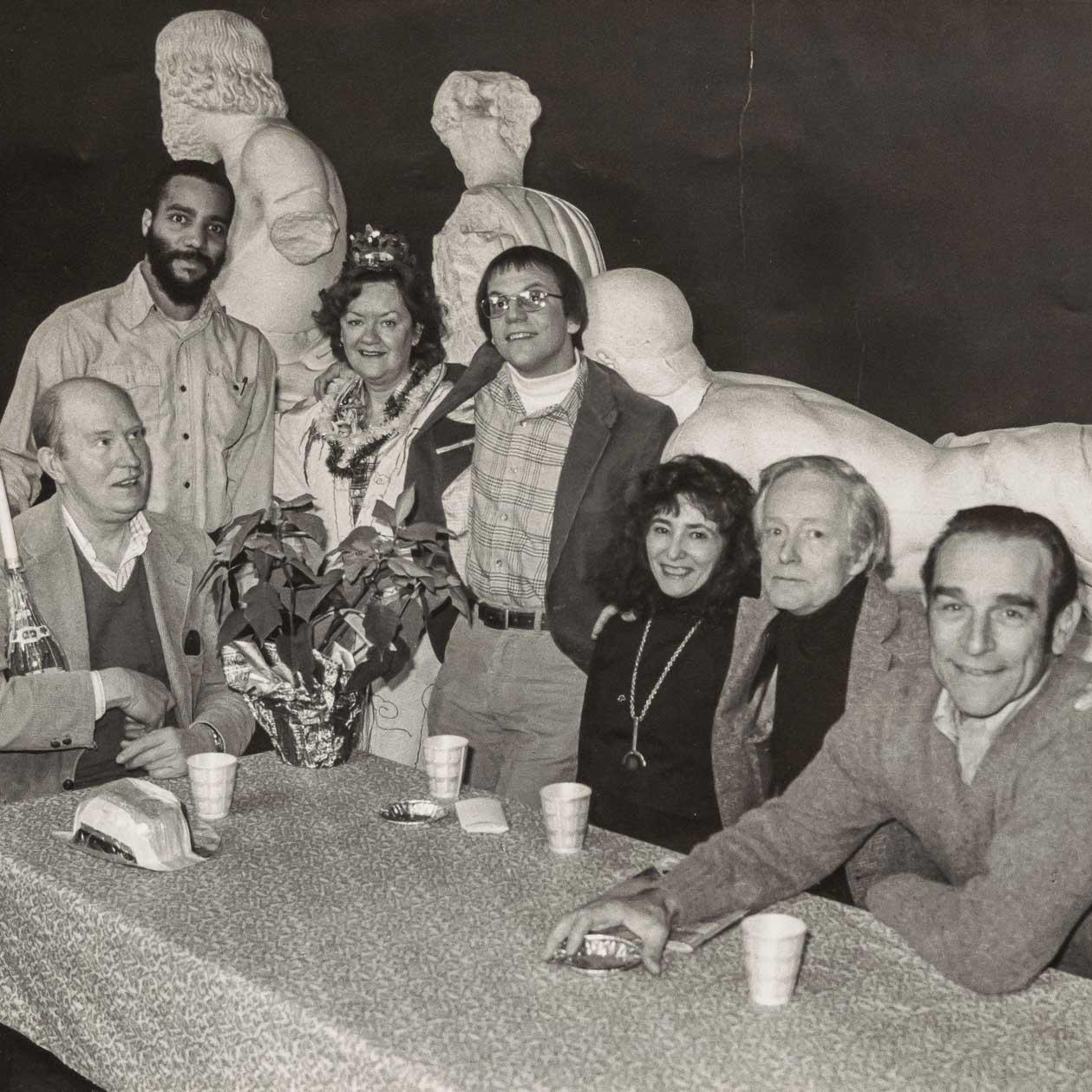 Temple of Zeus party for Zeus manager, Lydia Dutton; Pictured left to right: A.R. Ammons, Cecil Giscombe, Lydia Dutton, David Burak, Phyllis Janowitz, James McConkey, and Tony Caputi