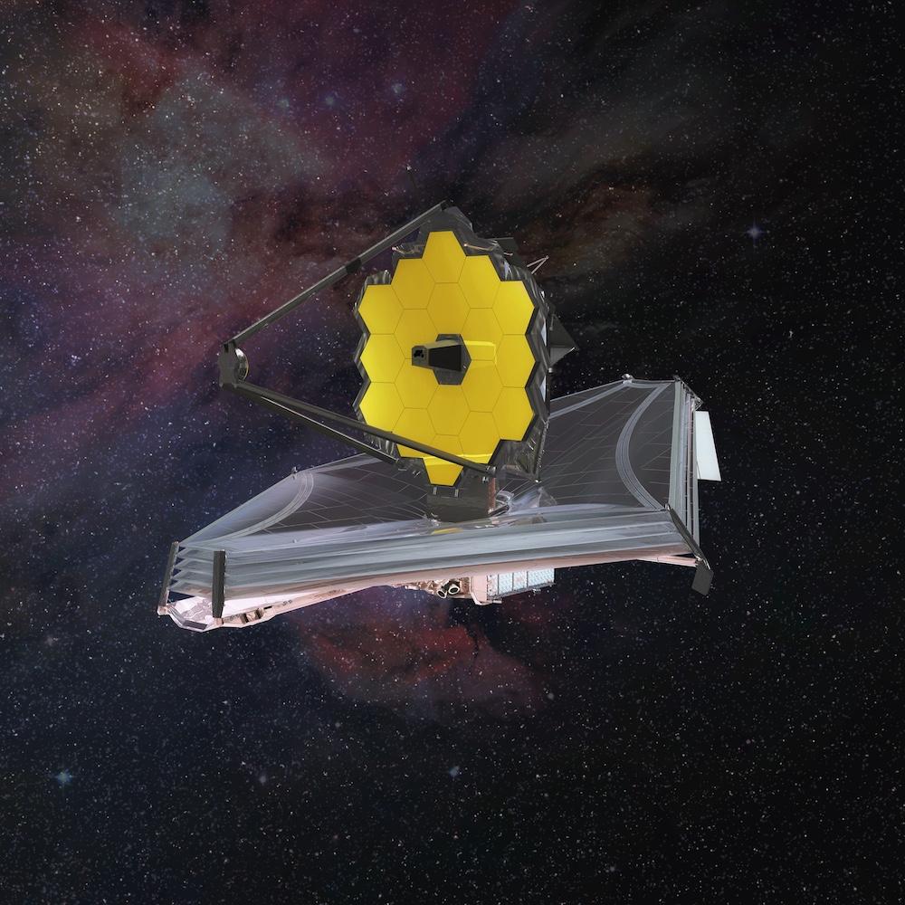 A telescope in space: topped by a circular yellow mirror, the object is boat-shaped, with a background of stars