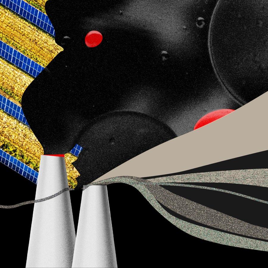 Abstract illustration featuring solar panels, smoke, water, and chart flows, primarily monochrome with yellow, blue, and red accents