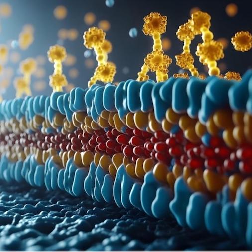 		illustration of a "wall" made of small dots – An illustration of a double-walled membrane formed by lipid and protein molecules. 
	