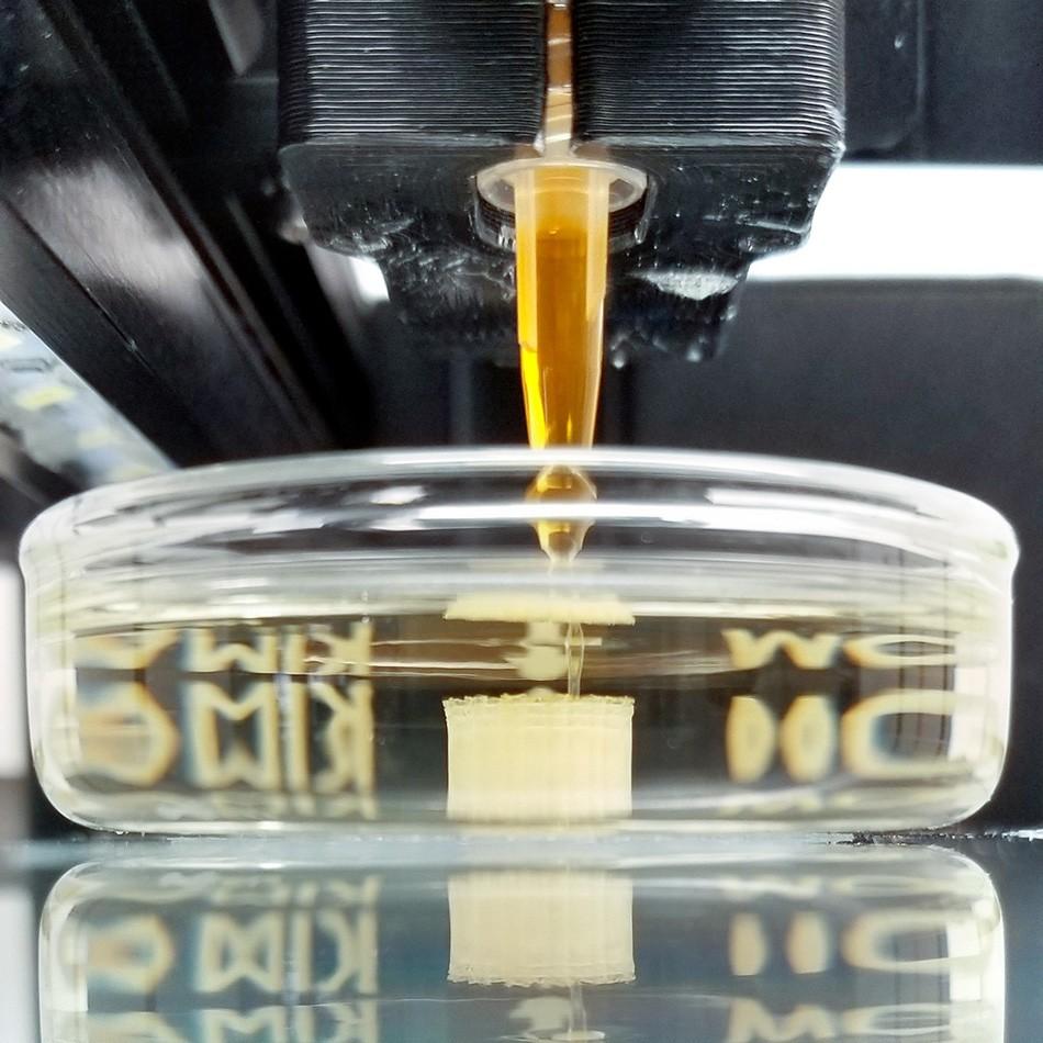 		Yellow probiscus descends into a clear dish to deposit  during the 3D printing process, where it self-assembles before being heat-treated into a crystalline superconductor.
	